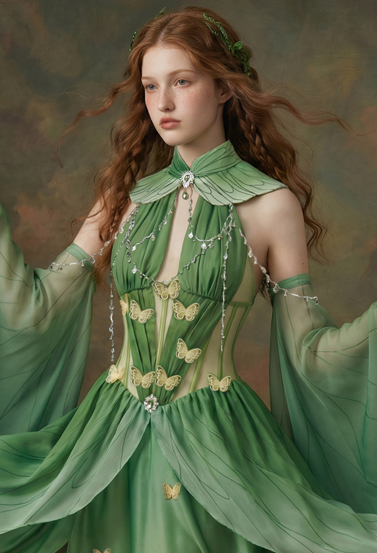 Renaissance Green Butterfly Fairy Dress Medieval Retro Dress with Flutter Sleeves