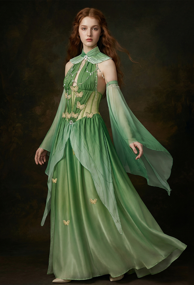 Renaissance Green Butterfly Fairy Dress Medieval Retro Dress with Flutter Sleeves