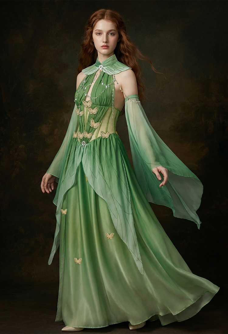 Renaissance Green Butterfly Fairy Dress Medieval Retro Dress with Flutter Sleeves