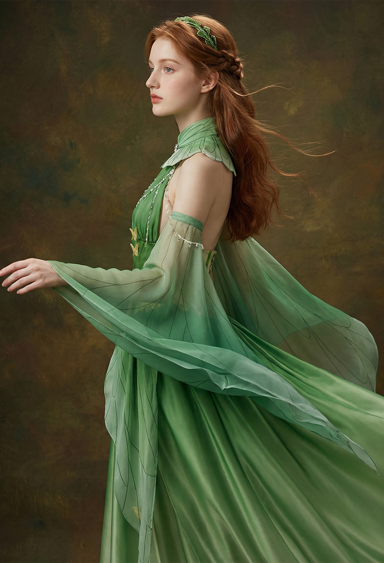 Renaissance Green Butterfly Fairy Dress Medieval Retro Dress with Flutter Sleeves
