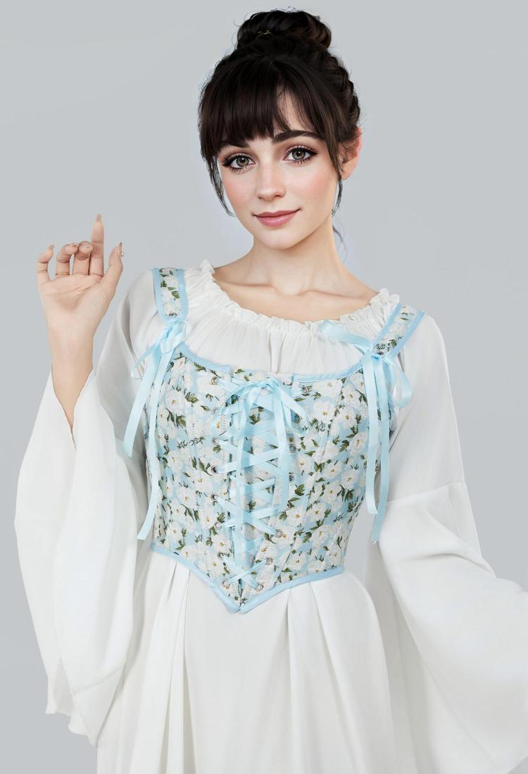 Medieval Renaissance Floral Pattern Corset Top 16th Century Blue Ribbons Lace-Up Camisole Overbust Boned Bustier