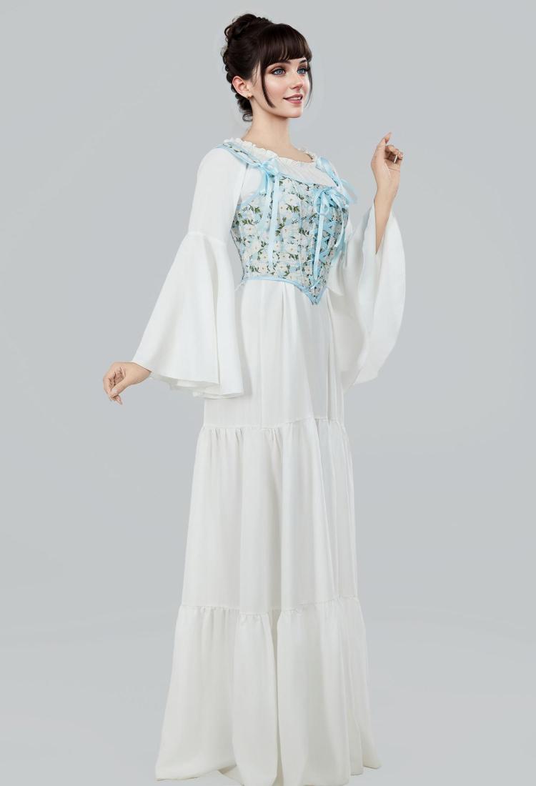 Medieval Renaissance Floral Pattern Corset Top 16th Century Blue Ribbons Lace-Up Camisole Overbust Boned Bustier