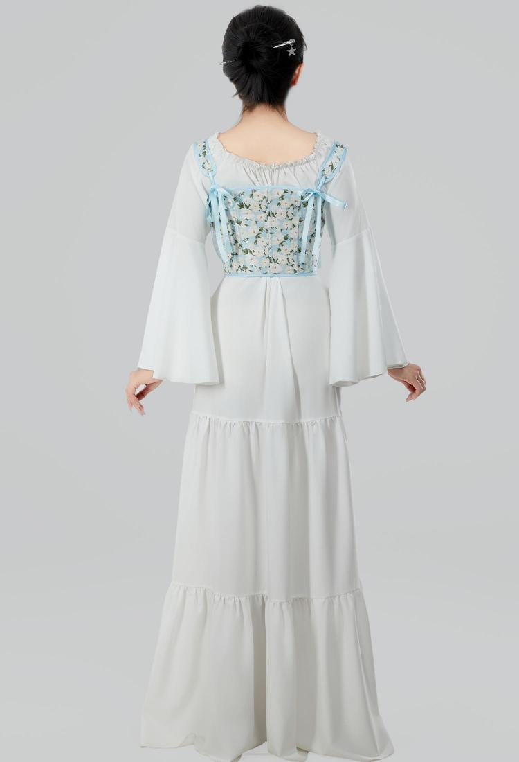 Medieval Renaissance Floral Pattern Corset Top 16th Century Blue Ribbons Lace-Up Camisole Overbust Boned Bustier