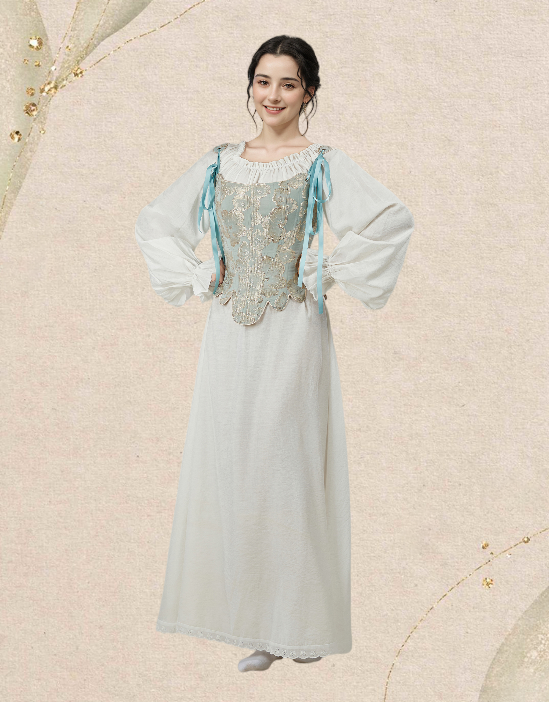 Medieval Renaissance Floral Pattern Corset Top 17th Century Lace-Up Overbust Boned Bustier