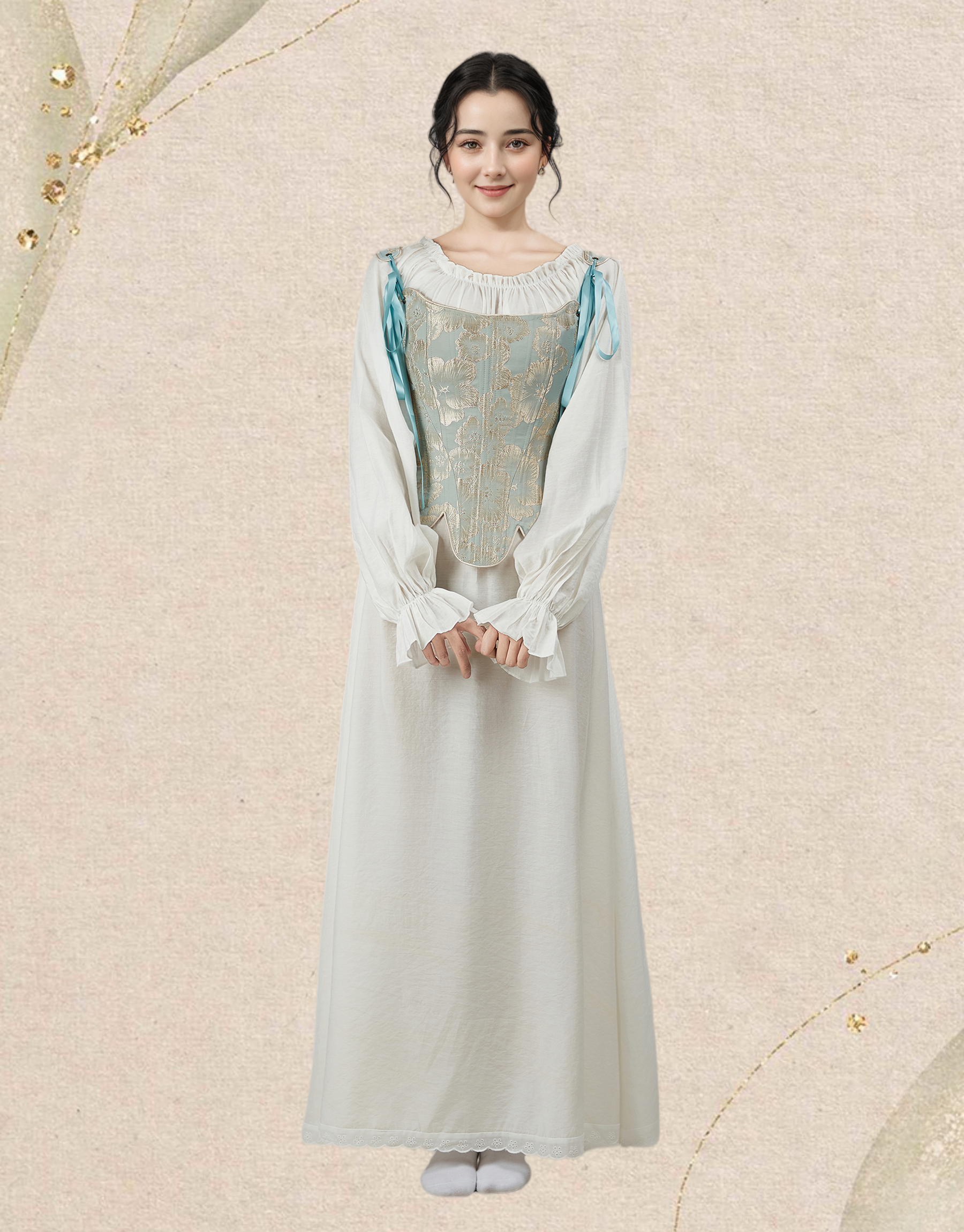 Medieval Renaissance Floral Pattern Corset Top 17th Century Lace-Up Overbust Boned Bustier