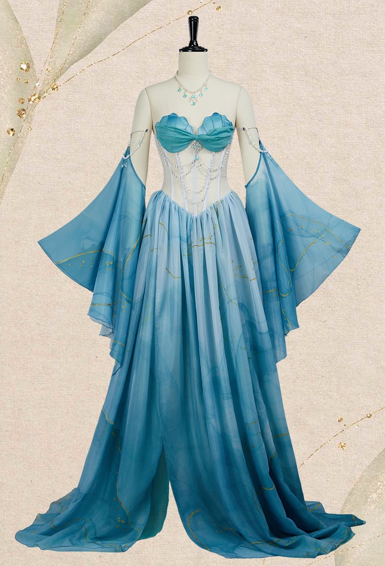 Medieval Mermaid Dress Renaissance Vintage Blue Gradient Dress with Sleeves and Necklace