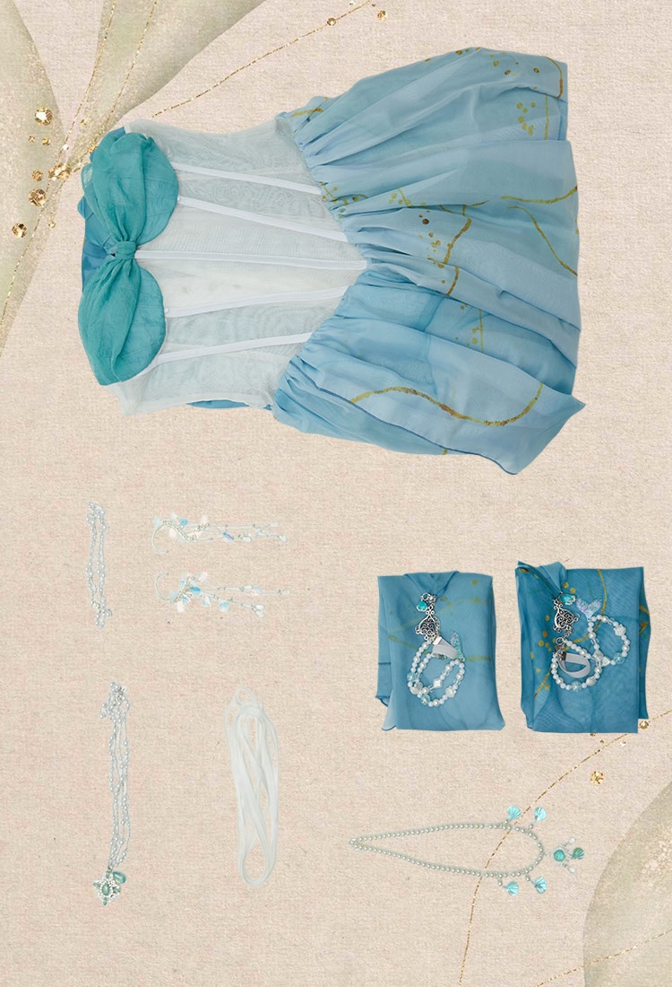 Medieval Mermaid Dress Renaissance Vintage Blue Gradient Dress with Sleeves and Necklace