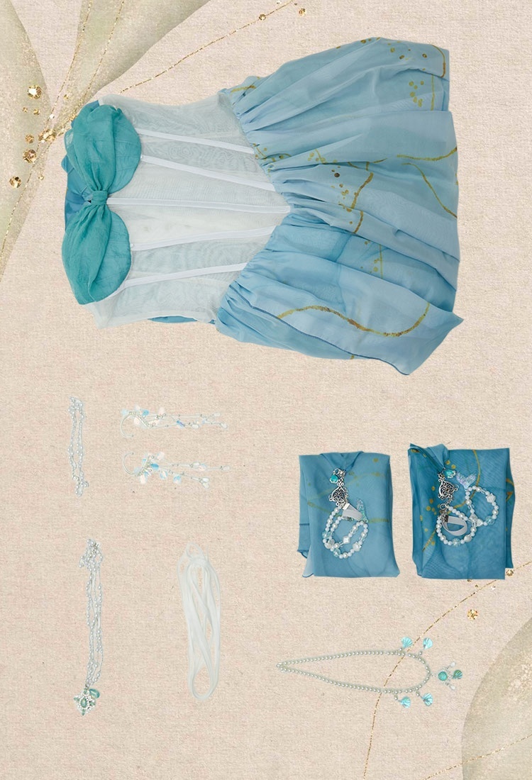 Medieval Mermaid Dress Renaissance Vintage Blue Gradient Dress with Sleeves and Necklace