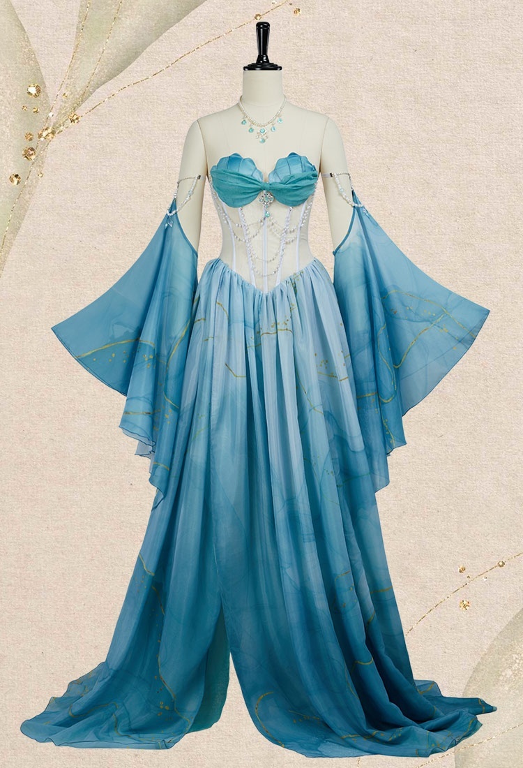 Medieval Mermaid Dress Renaissance Vintage Blue Gradient Dress with Sleeves and Necklace