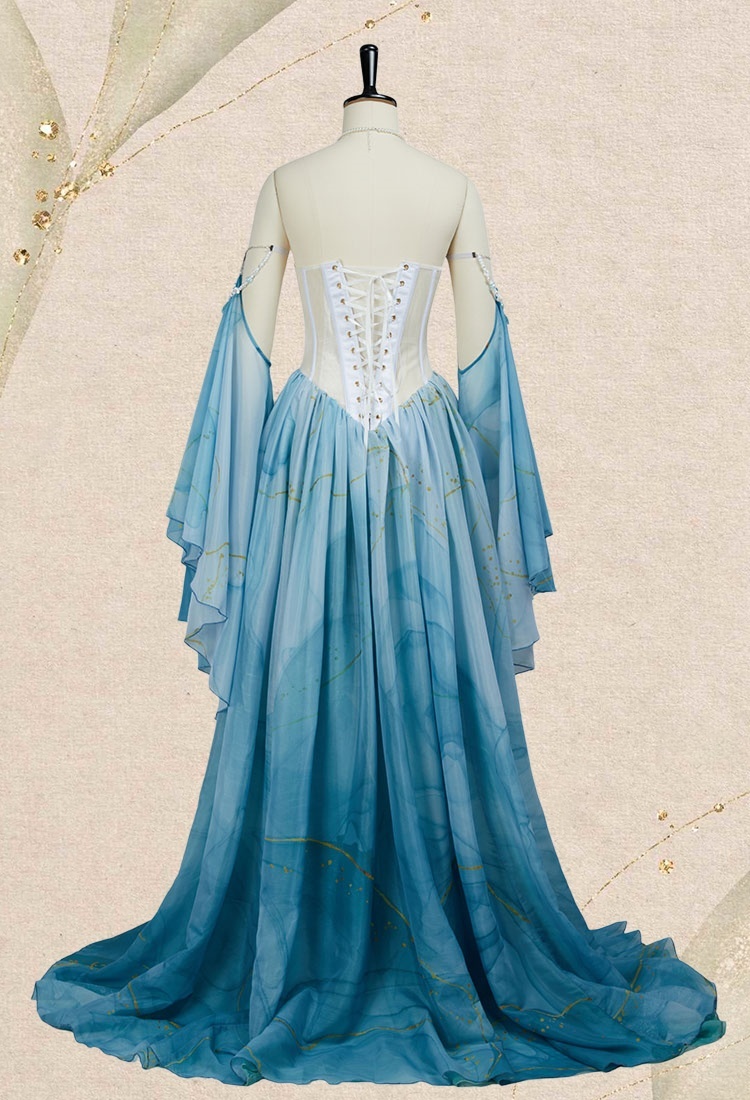 Medieval Mermaid Dress Renaissance Vintage Blue Gradient Dress with Sleeves and Necklace