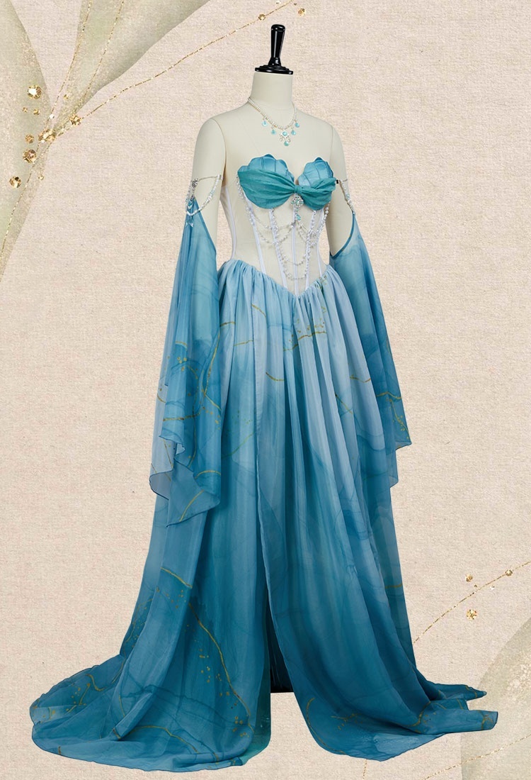 Medieval Mermaid Dress Renaissance Vintage Blue Gradient Dress with Sleeves and Necklace