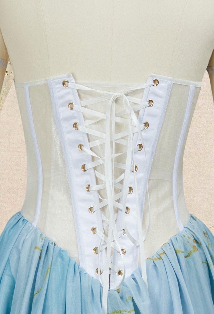 Medieval Mermaid Dress Renaissance Vintage Blue Gradient Dress with Sleeves and Necklace