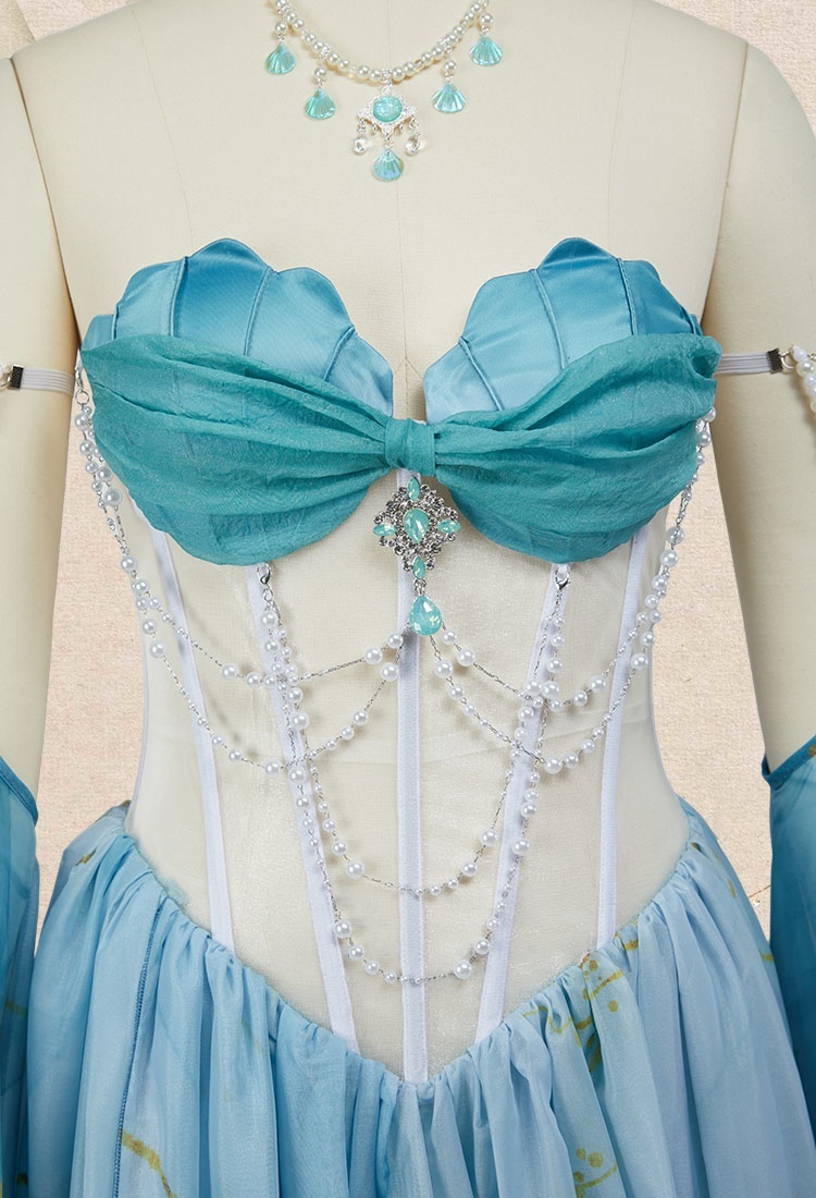 Medieval Mermaid Dress Renaissance Vintage Blue Gradient Dress with Sleeves and Necklace