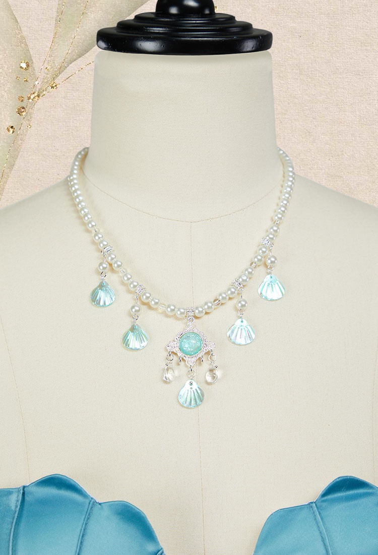 Medieval Mermaid Dress Renaissance Vintage Blue Gradient Dress with Sleeves and Necklace