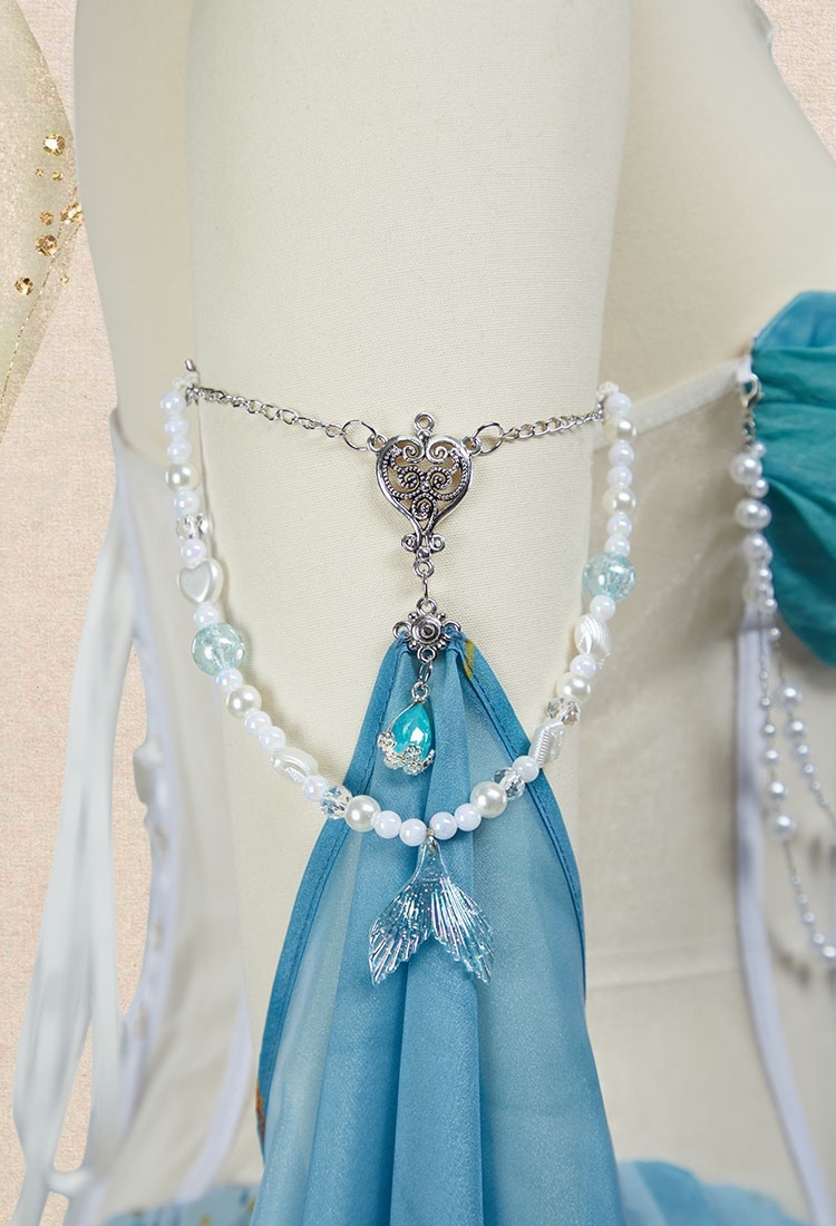 Medieval Mermaid Dress Renaissance Vintage Blue Gradient Dress with Sleeves and Necklace