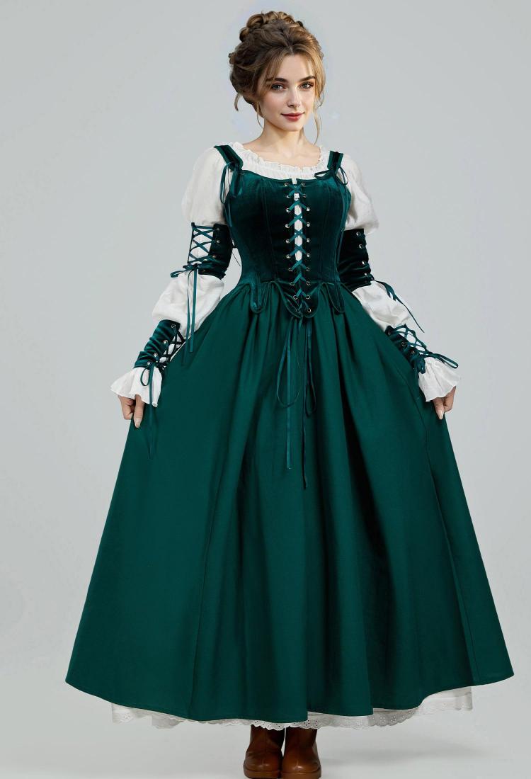 Retro Renaissance Dress Set Vintage Medieval Dress with Corset and Half Skirt