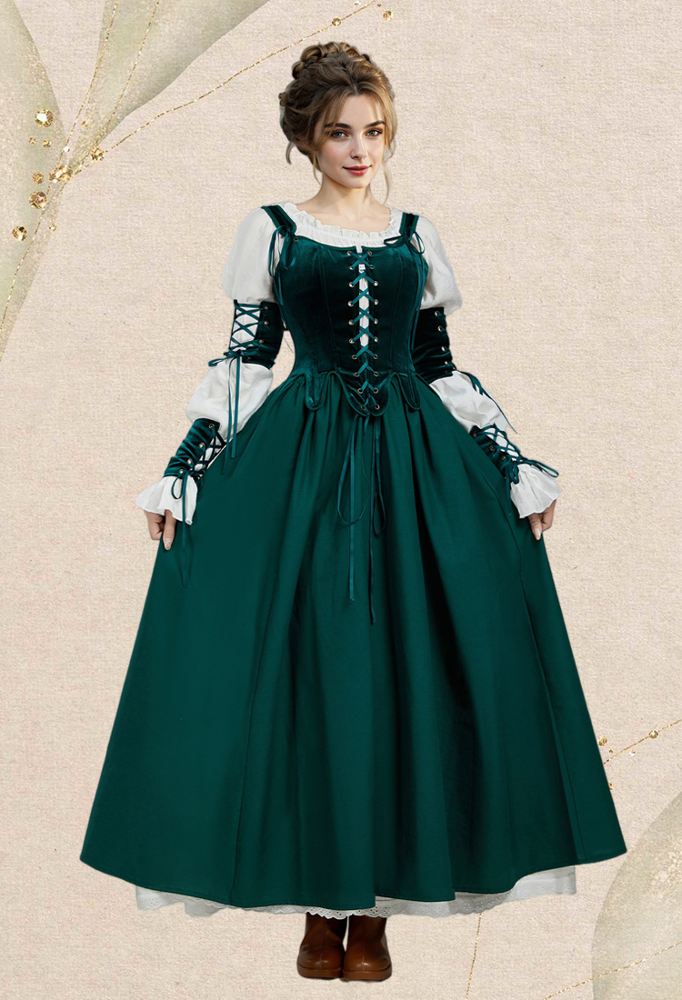 Retro Renaissance Dress Set Vintage Medieval Dress with Corset and Half Skirt