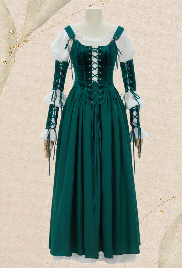 Retro Renaissance Dress Set Vintage Medieval Dress with Corset and Half Skirt