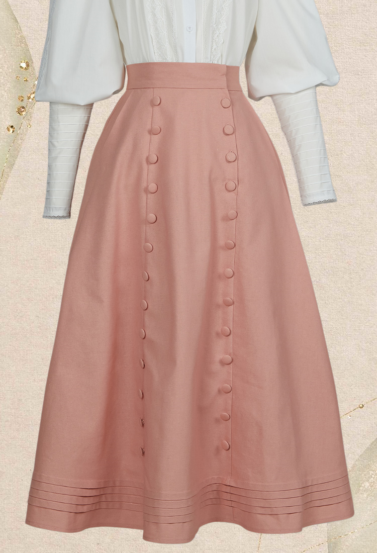 Women Medieval Court Style Skirt Pink Button Ruffles Long Skirt