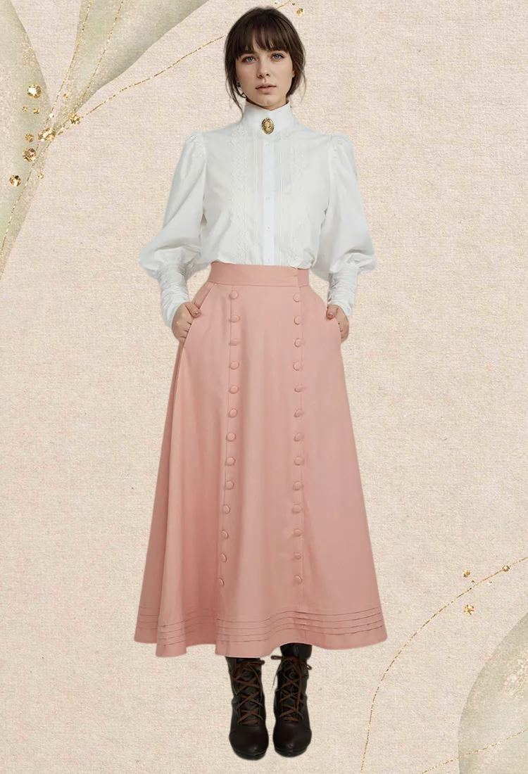 Women Medieval Court Style Skirt Pink Button Ruffles Long Skirt
