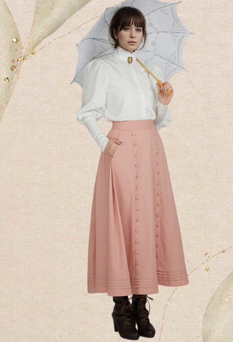 Women Medieval Court Style Skirt Pink Button Ruffles Long Skirt
