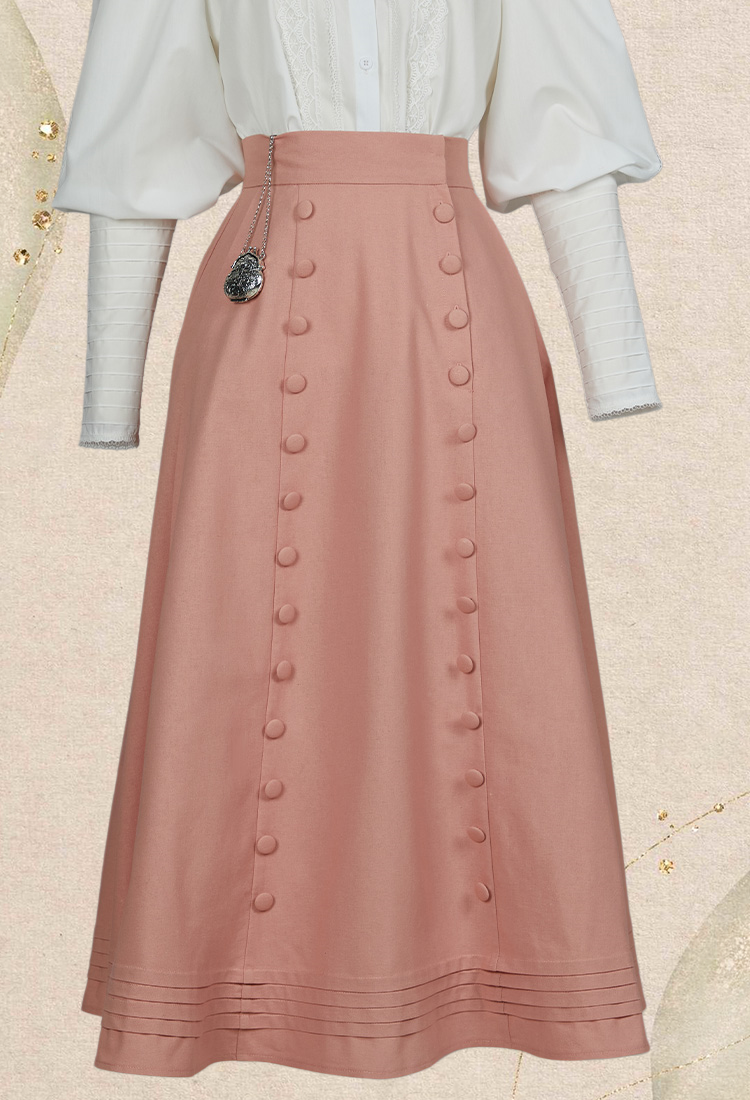 Women Medieval Court Style Skirt Pink Button Ruffles Long Skirt