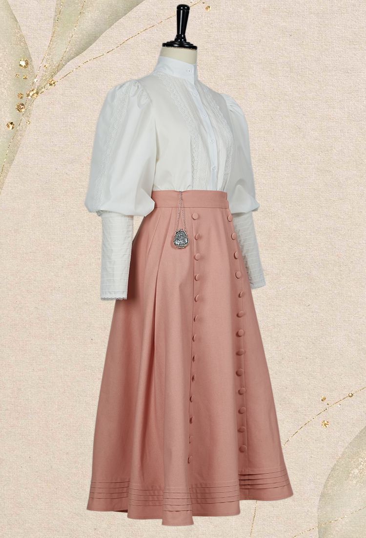 Women Medieval Court Style Skirt Pink Button Ruffles Long Skirt