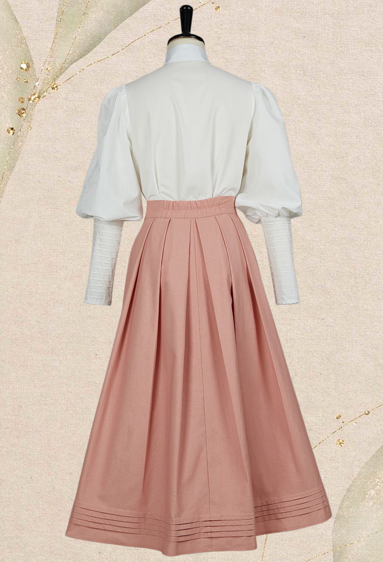 Women Medieval Court Style Skirt Pink Button Ruffles Long Skirt