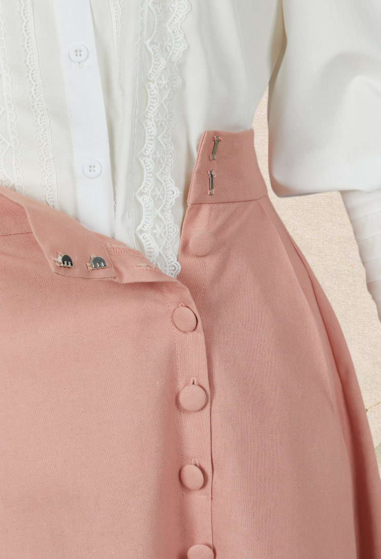 Women Medieval Court Style Skirt Pink Button Ruffles Long Skirt