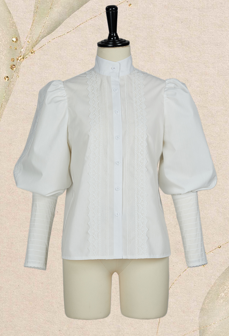 Medieval Renaissance Style White Shirt with Brooch Edwardian Ruffle Trim Puff Sleeves Blouse
