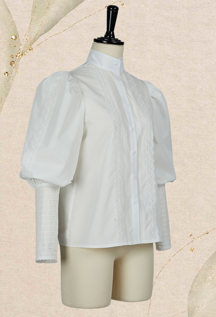 Medieval Renaissance Style White Shirt with Brooch Edwardian Ruffle Trim Puff Sleeves Blouse
