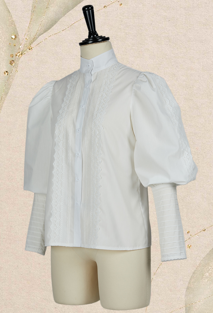 Medieval Renaissance Style White Shirt with Brooch Edwardian Ruffle Trim Puff Sleeves Blouse