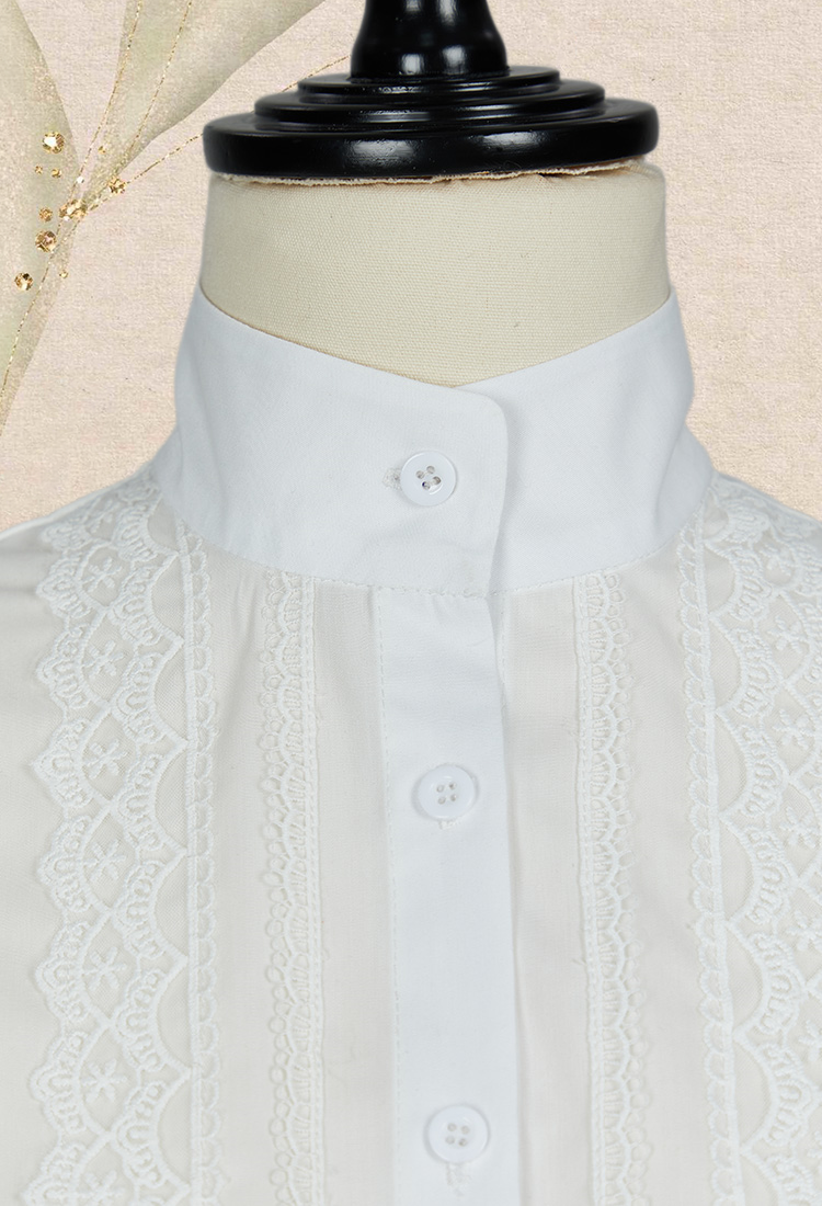 Medieval Renaissance Style White Shirt with Brooch Edwardian Ruffle Trim Puff Sleeves Blouse