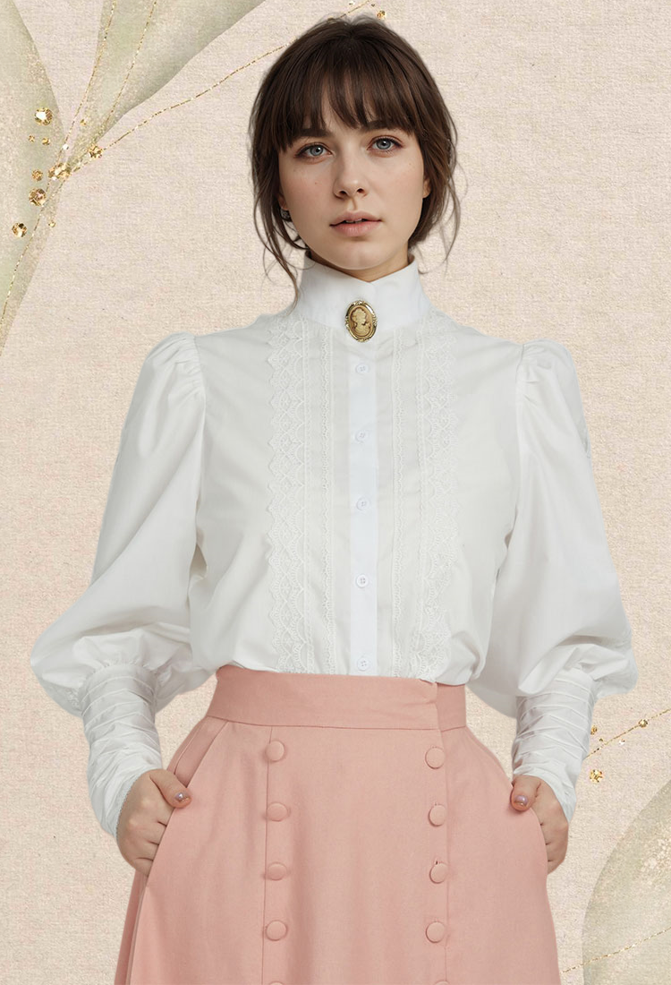 Medieval Renaissance Style White Shirt with Brooch Edwardian Ruffle Trim Puff Sleeves Blouse