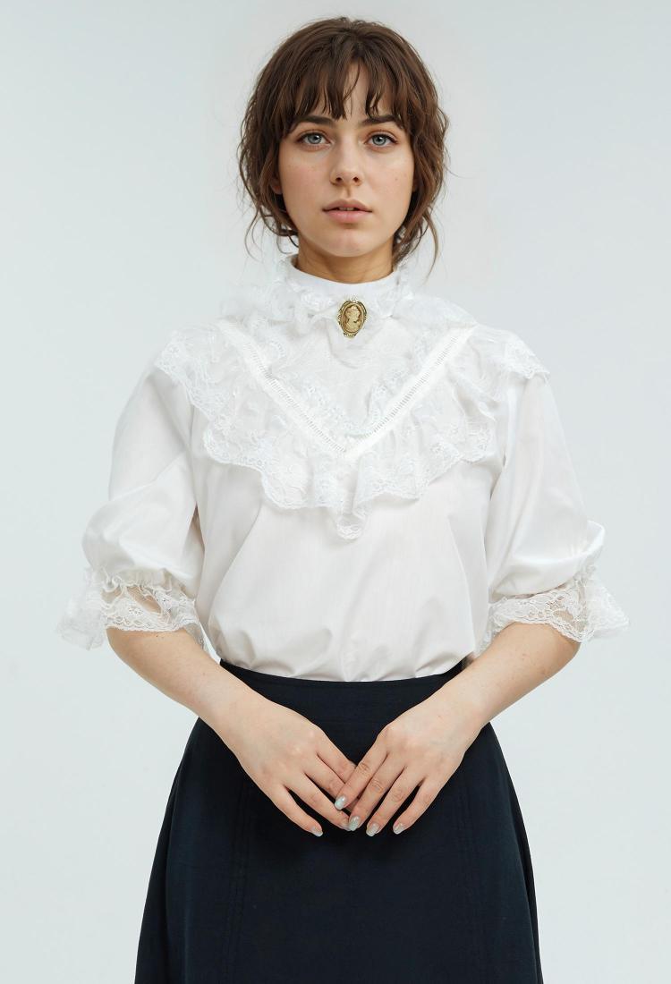 Medieval Style Victorian Blouse Lace Midi Puff Sleeves White Shirt with Pin and Collar