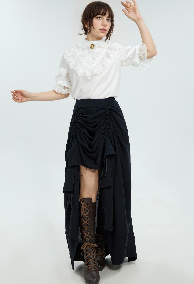 Medieval Style Victorian Blouse Lace Midi Puff Sleeves White Shirt with Pin and Collar