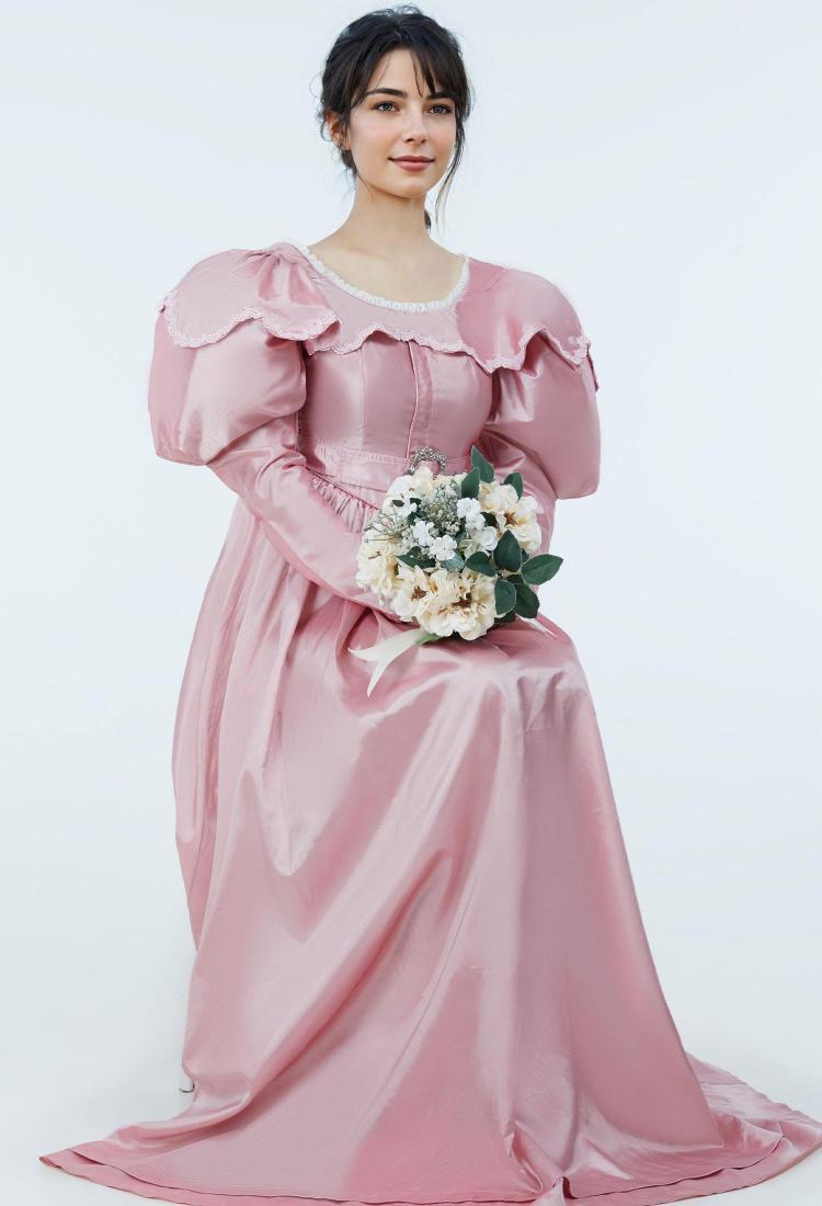 Medieval Renaissance Costume Romantic Vintage Dress Puffy Sleeve Pink Dress with Belt