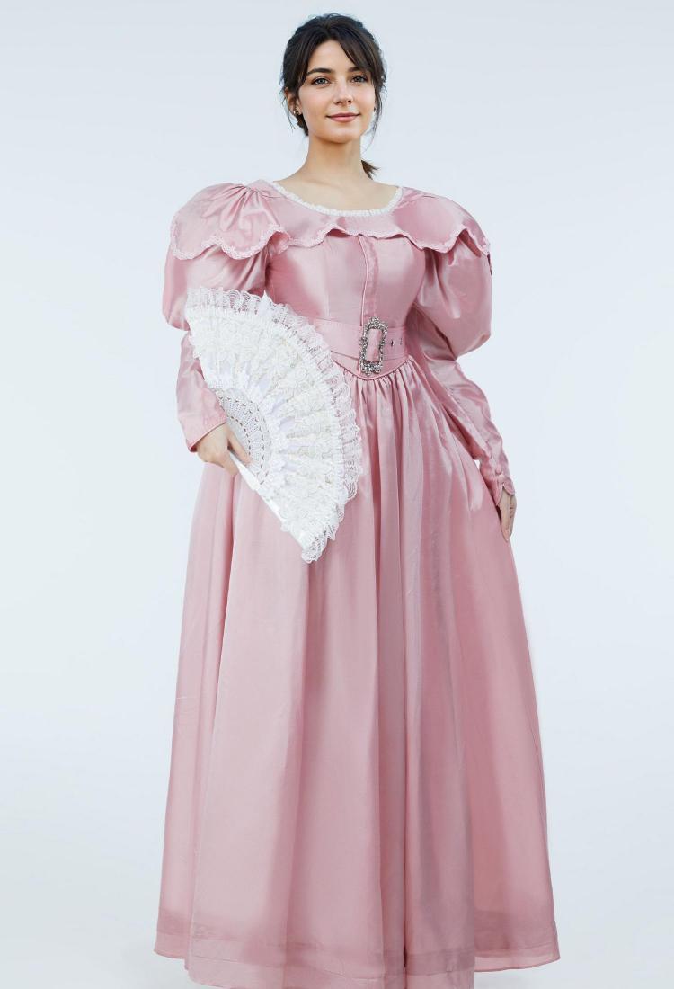 Medieval Renaissance Costume Romantic Vintage Dress Puffy Sleeve Pink Dress with Belt