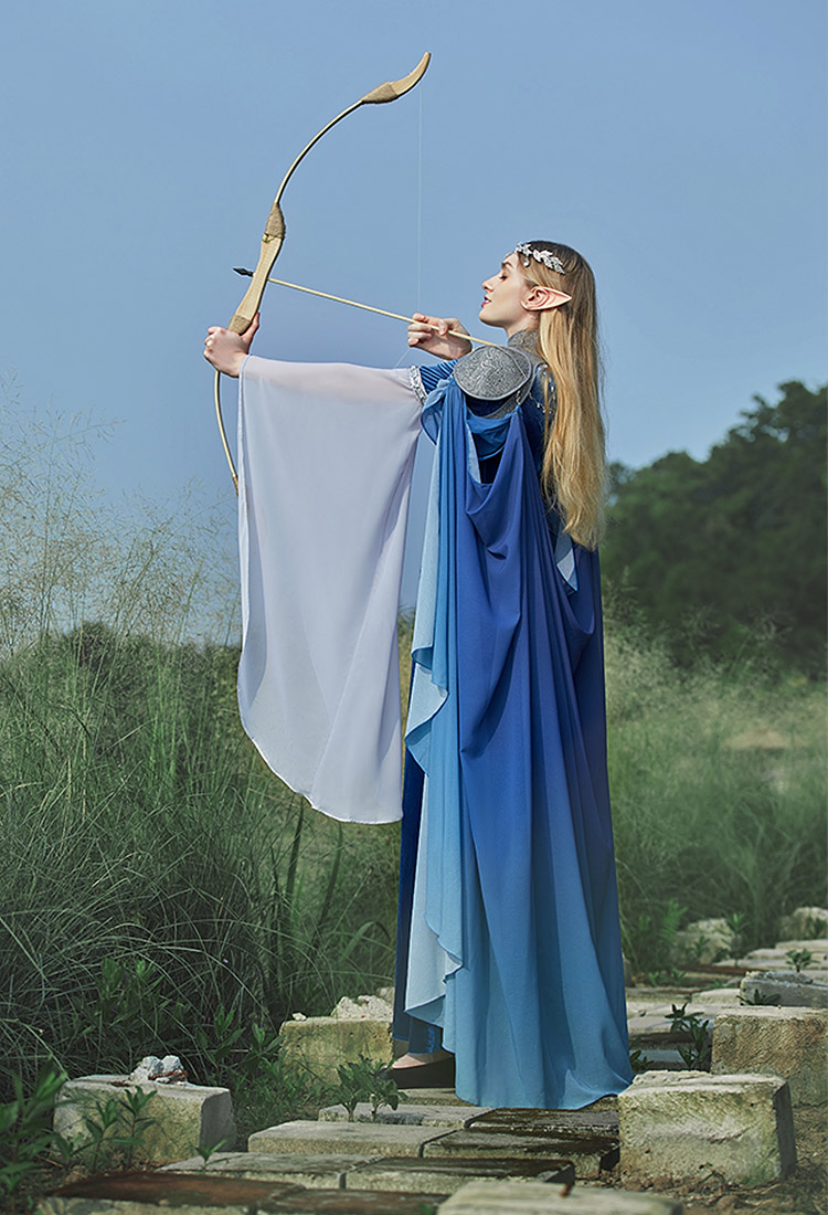 Medieval Gradient Blue Elf Style Shawl Retro Waistcoat And Train With Chain