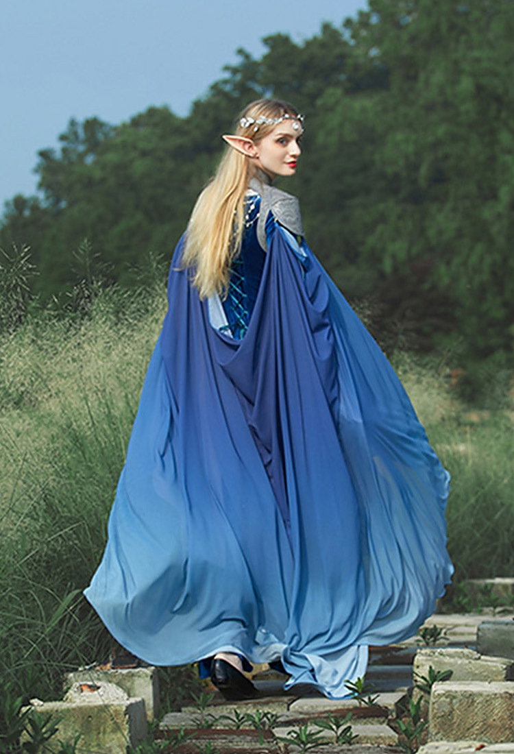 Medieval Gradient Blue Elf Style Shawl Retro Waistcoat And Train With Chain