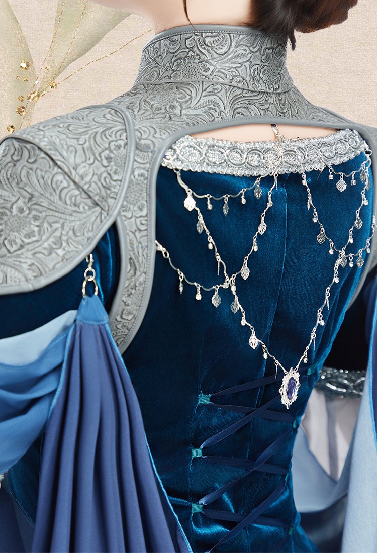 Medieval Gradient Blue Elf Style Shawl Retro Waistcoat And Train With Chain