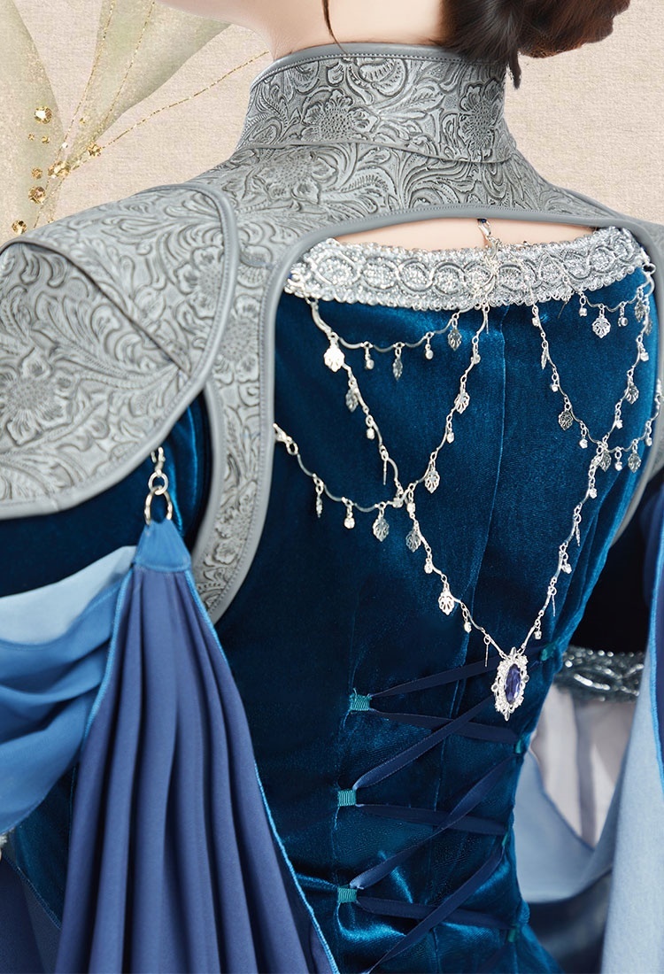 Medieval Gradient Blue Elf Style Shawl Retro Waistcoat And Train With Chain