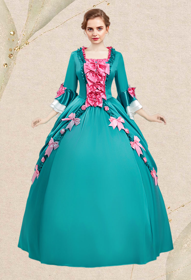 Medieval Pompadour Long Gown Green Satin Rococo Vintage Dress Bow-decorated Dress