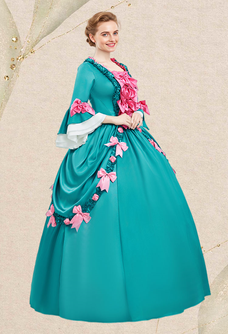 Medieval Pompadour Long Gown Green Satin Rococo Vintage Dress Bow-decorated Dress