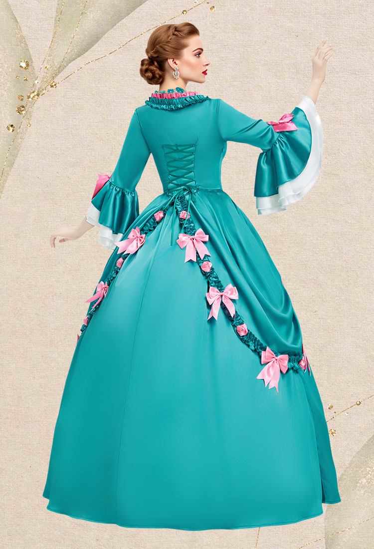Medieval Pompadour Long Gown Green Satin Rococo Vintage Dress Bow-decorated Dress