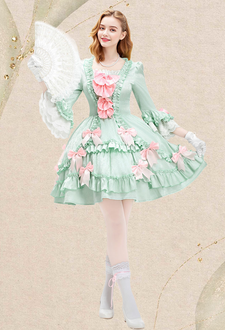 Medieval Pompadour Short Dress Mint Green Rococo Vintage Dress Bow-decorated Dress