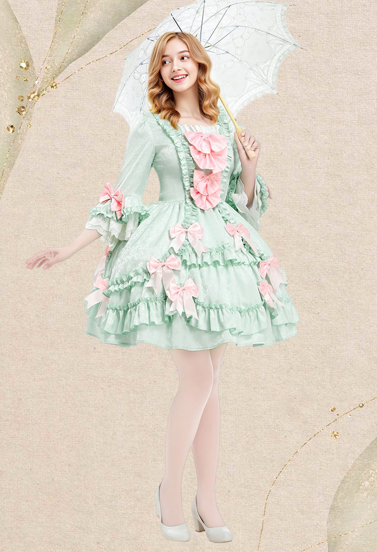 Medieval Pompadour Short Dress Mint Green Rococo Vintage Dress Bow-decorated Dress