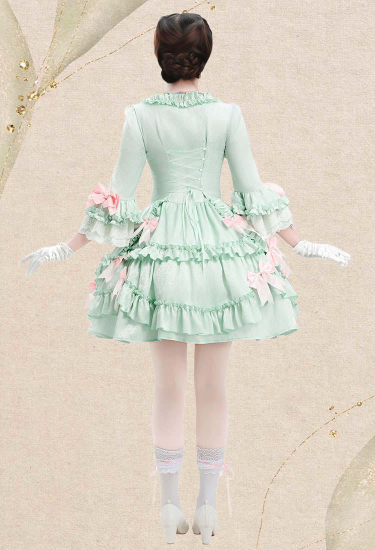 Medieval Pompadour Short Dress Mint Green Rococo Vintage Dress Bow-decorated Dress