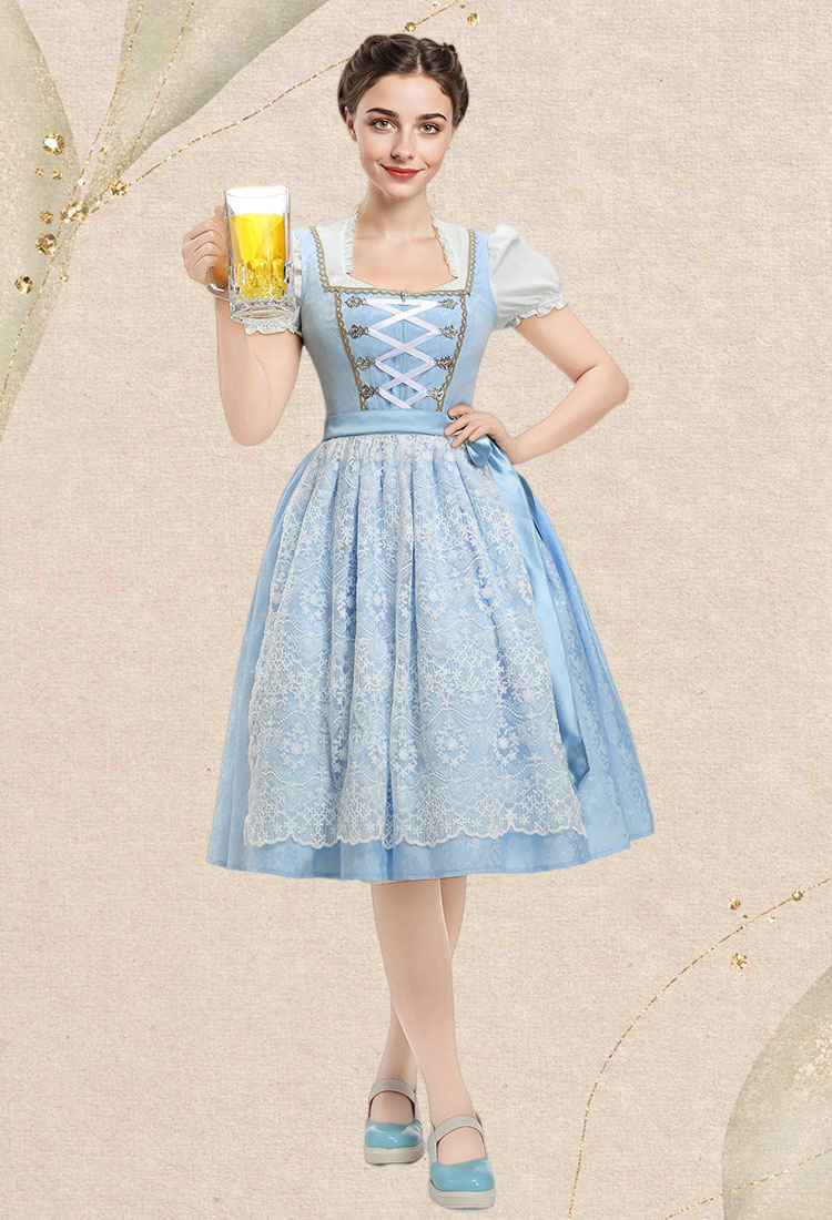Oktoberfest Dirndl Dress German Square Neck Bavarian Costume Top and Dress with Apron Set