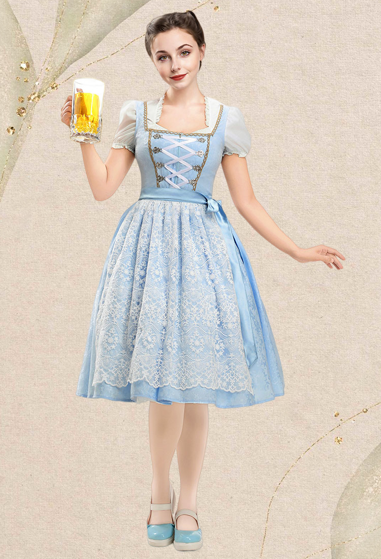 Oktoberfest Dirndl Dress German Square Neck Bavarian Costume Top and Dress with Apron Set